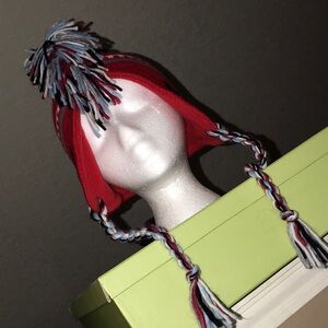 Red Knit Pom Pom Beanie with Braided Tassels